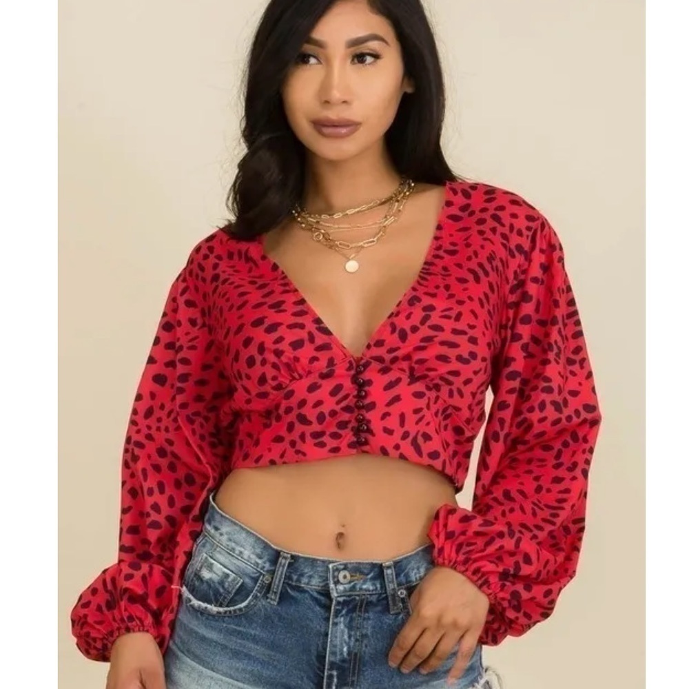 Balloon Sleeve Button Front Crop Top Red Leopard Print Gillian Blouse - Picture 10 of 13